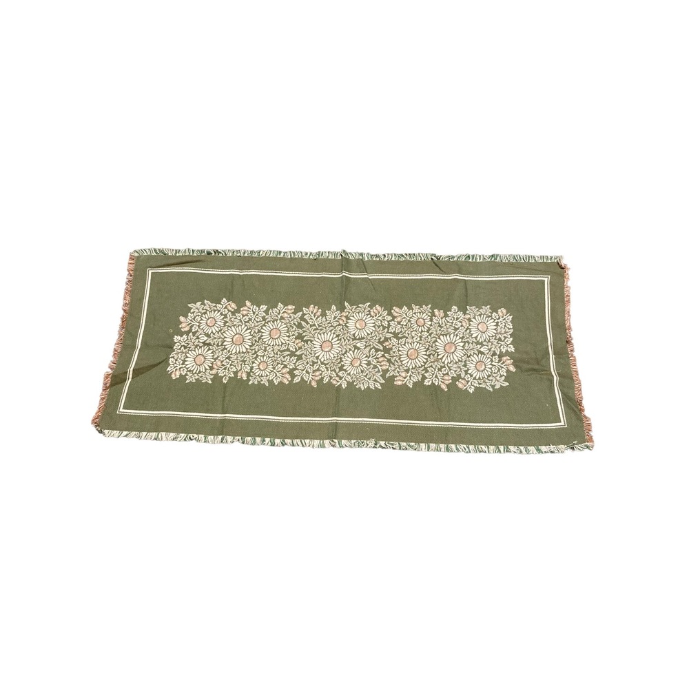 Vintage Woven Floral Tapestry Table Runner Olive Green Pink Daisy Fringe 37x17.5